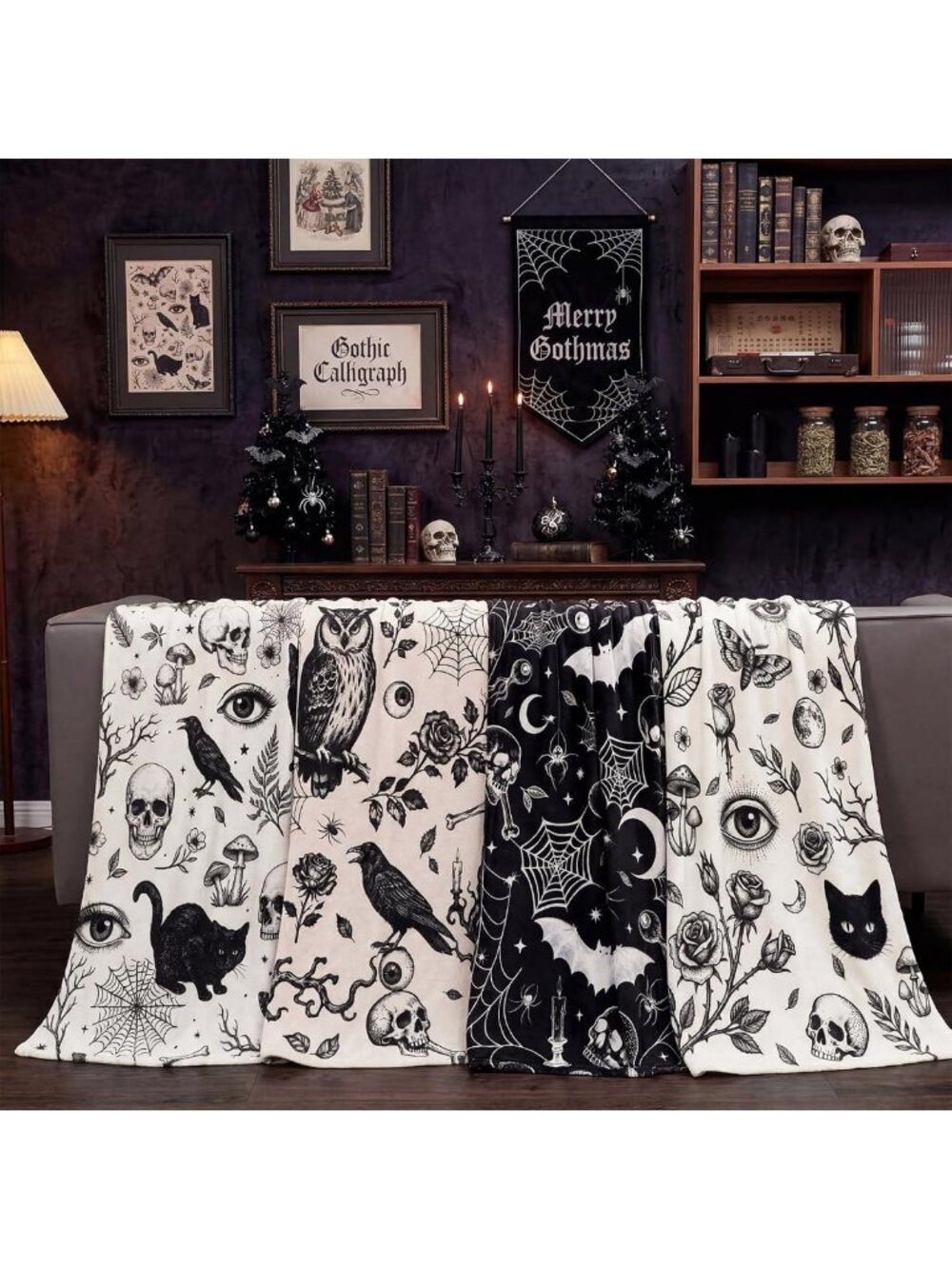 4 Pack Spooky Gothic Blankets - Cozy Halloween Decor, 40"x60", Perfect Gifts